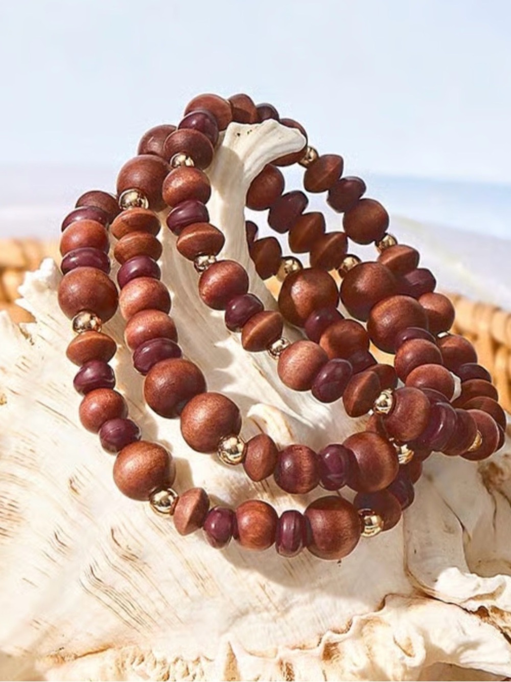 Park Lane Driftwood Brown Wooden and Golden Bead Bracelet Set of 3